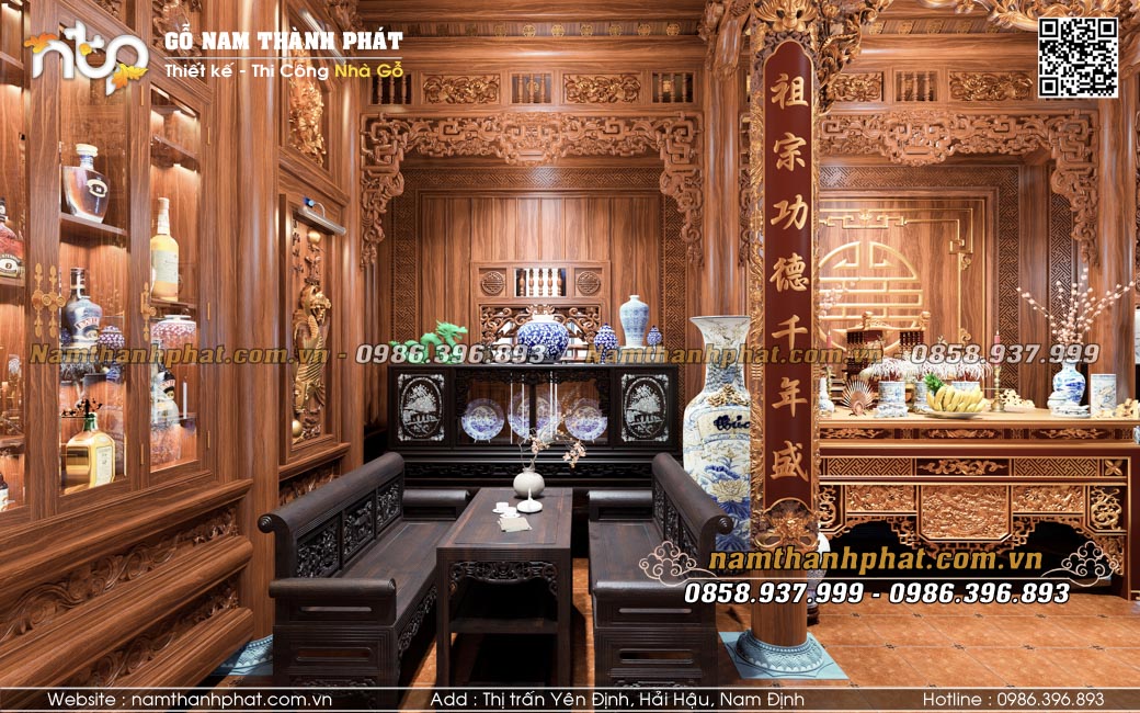 Bố trí nội thất gian trái nhà gỗ 3 gian